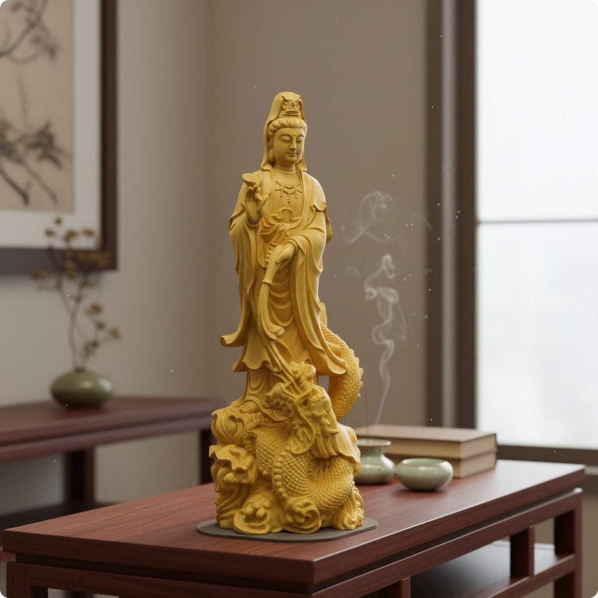 Wood Carved Guanyin Statue Spiritual Dragon Guanyin Sculpture Avalokiteshvara Figure for Buddhists