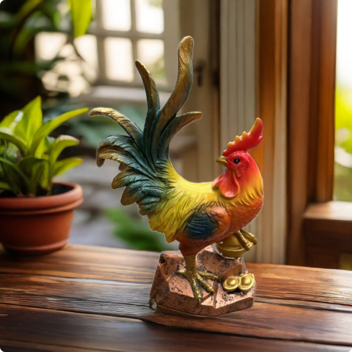 Resin Cockerel Figurine Multicolor Chicken Garden Statue Gold Accent for Balcony