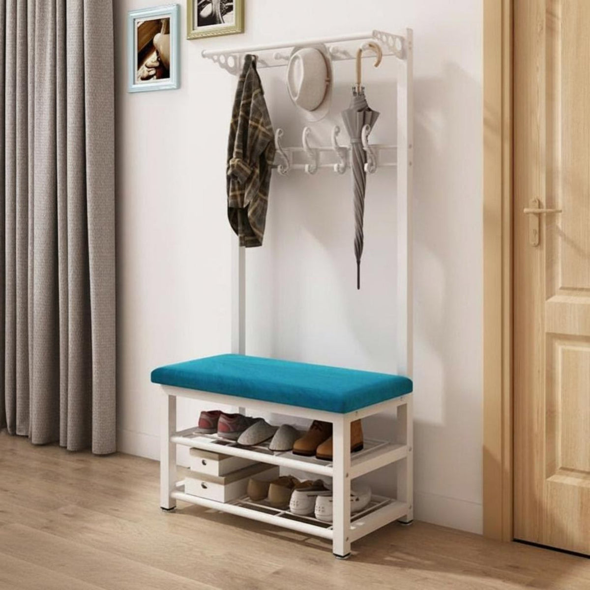 Coat Rack with Shoe Bench Space-Saving Hall Tree Sturdy Steel Frame for Families