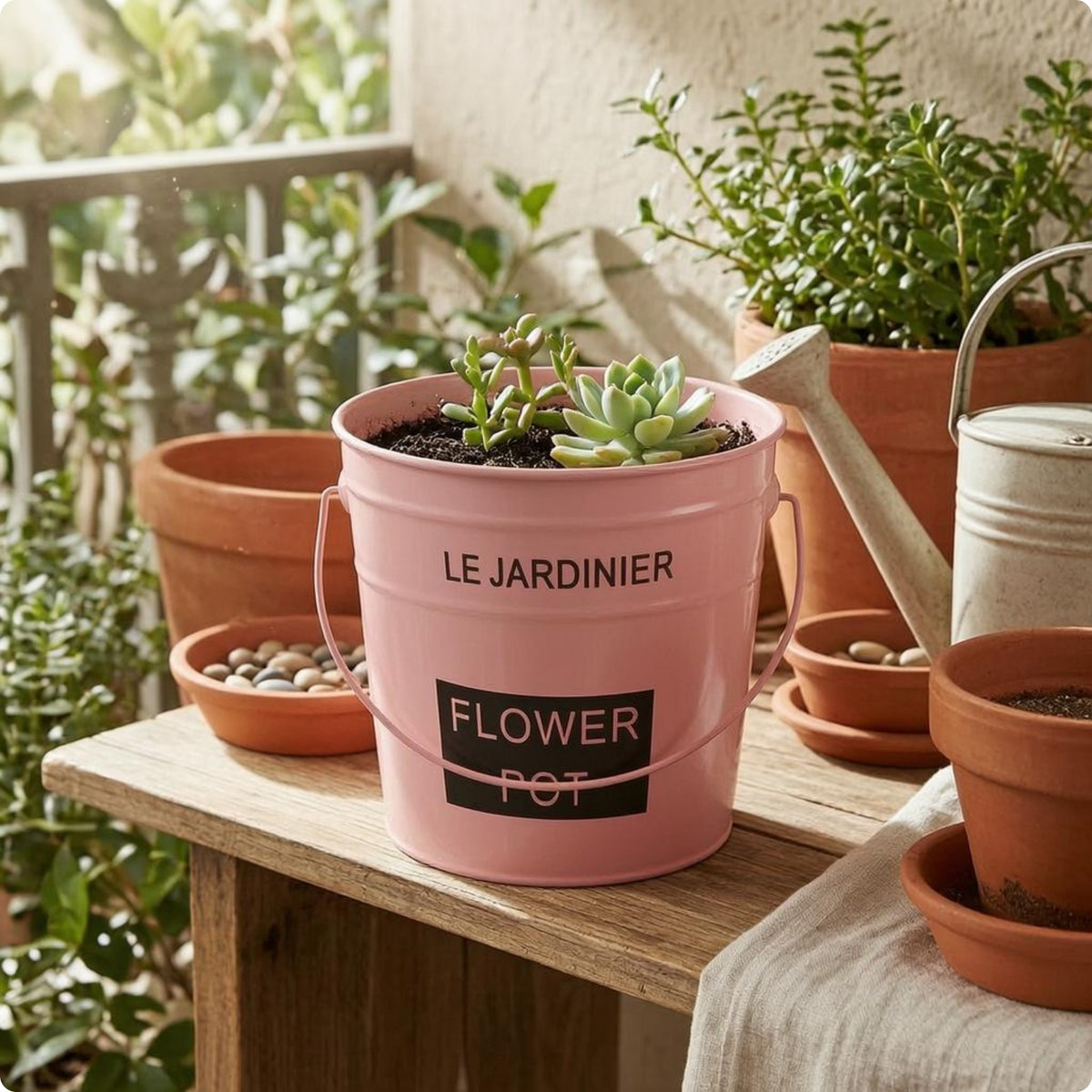 Flower Pot Container Painted Finish Farmhouse Tin Planter Tapered Shape