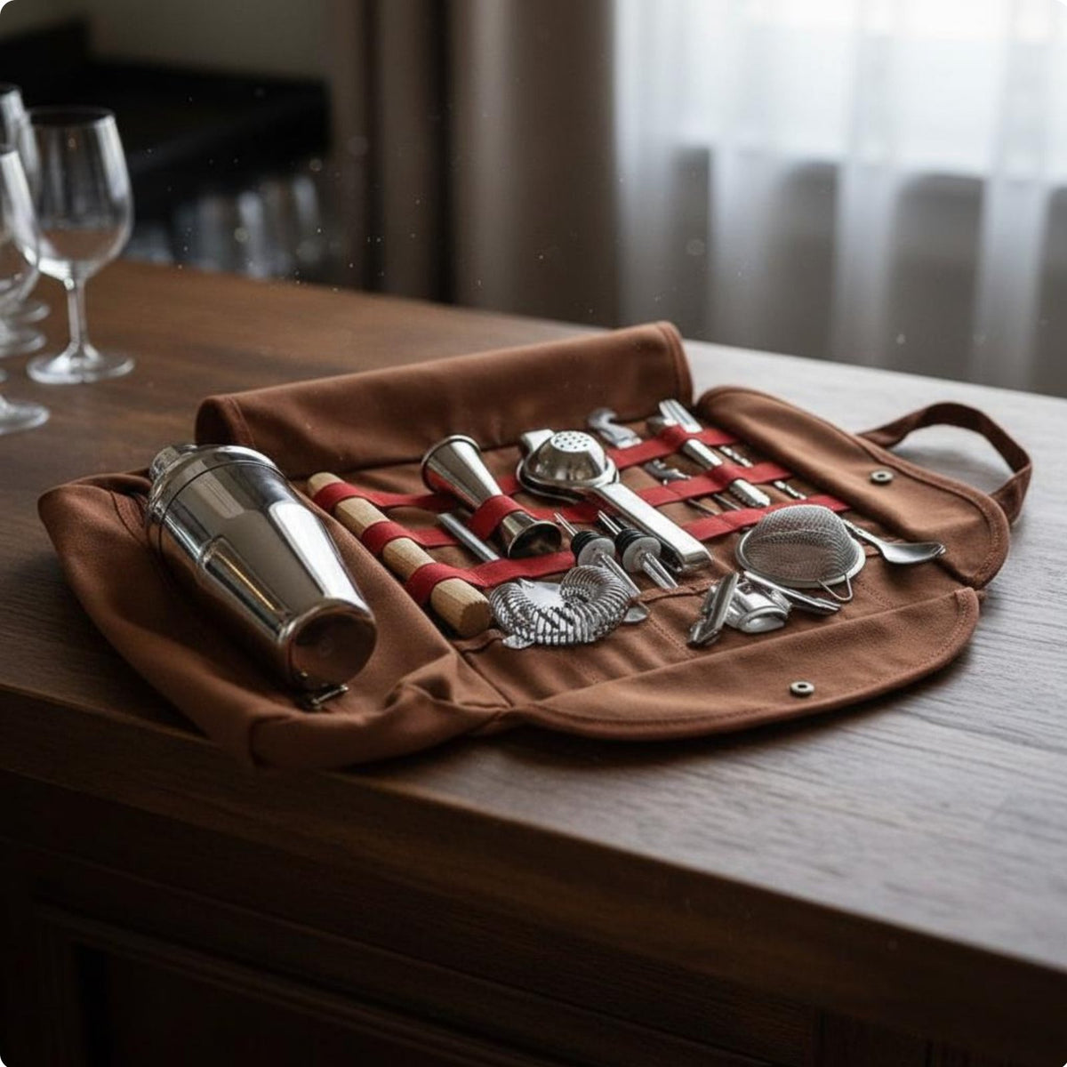 Portable Bartender Tool Kit Leather Handle Bartender Tool Roll Bag for Parties