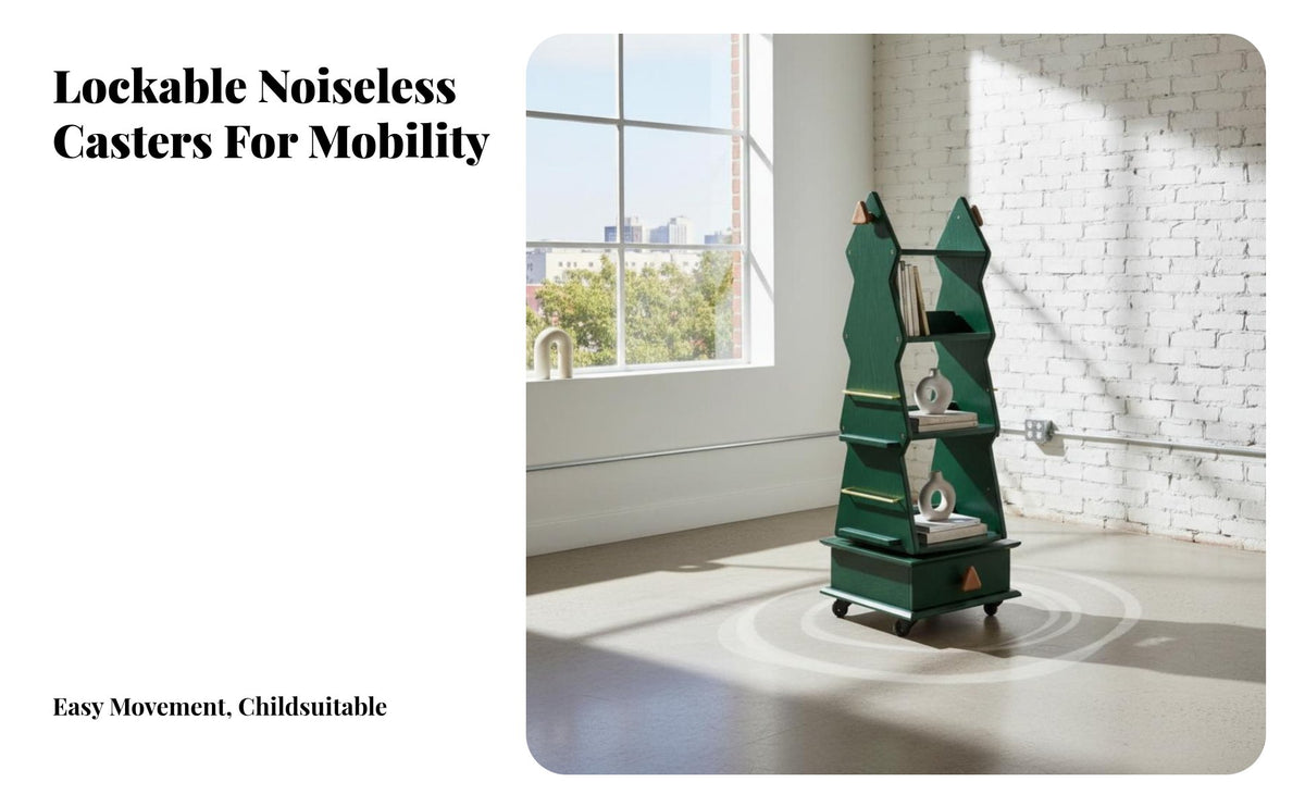 360-Degree Rotation 4-Tier Rotating Bookshelf Space-Saving Design 4-Tier Rotating Book Cart Mobile with Wheels Bookcase Child-Friendly Height for Children, Toddlers, Playroom, Nursery, Small Areas, Bedroom