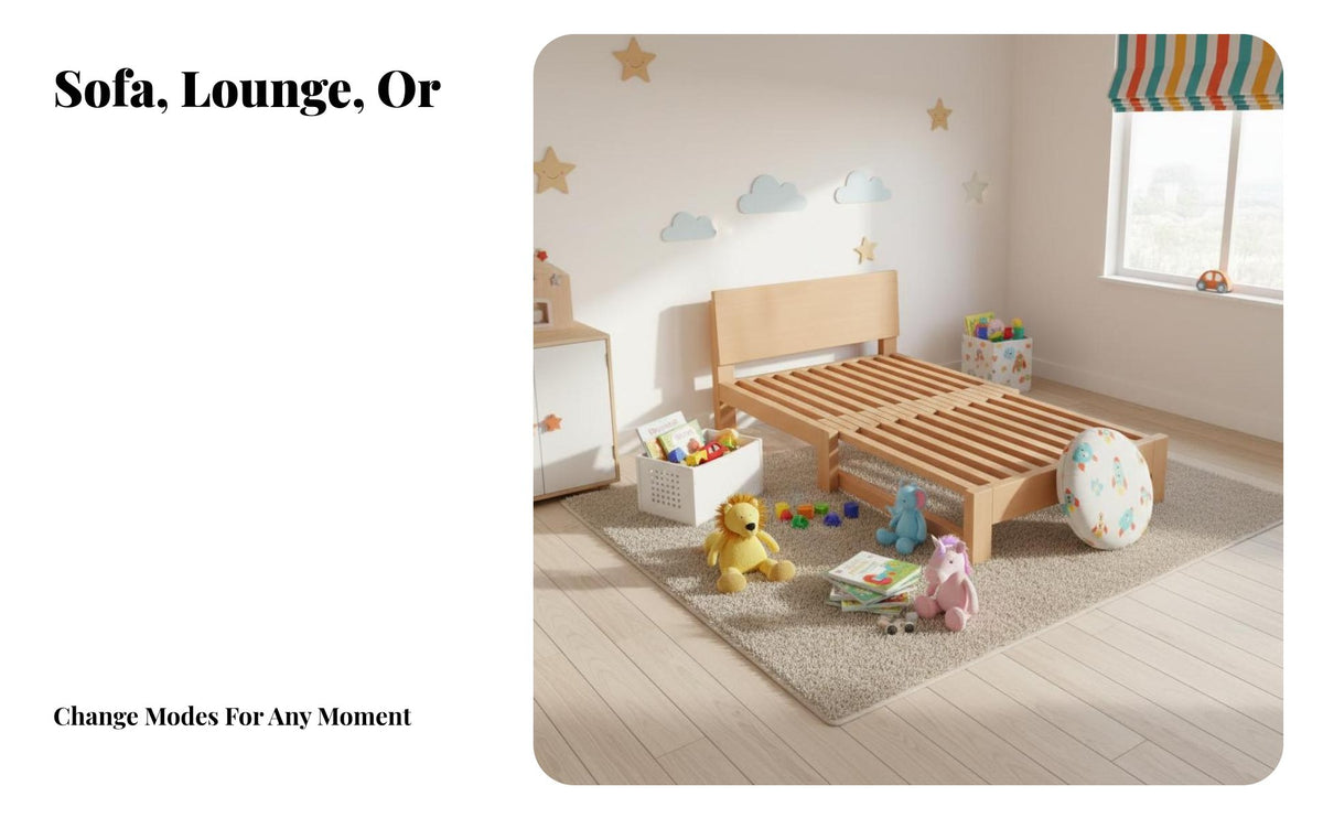 Space-Saving Extendable Slatted Daybed 2-in-1 Design Sofa Bed Multifunctional transformable Couch Easy Pull-extendable Mechanism for Children, Apartment Dwellers, Small Families, Bedroom, Studio