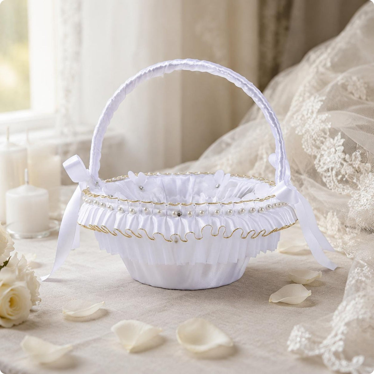 Flower Girl Basket Lace Border White Flower Basket Pleated Design