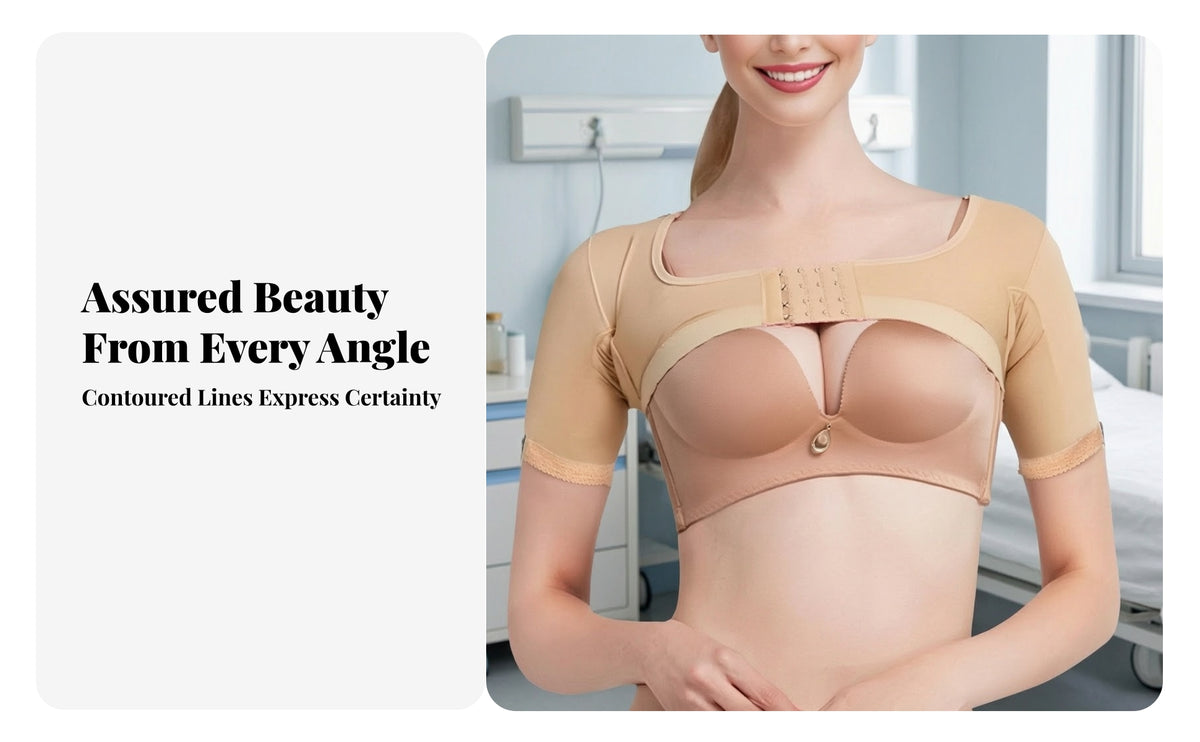 Front Closure Hook and Eye Shapewear Panel Construction Scoop Neck Compression Top Close Fit Short Sleeve Shapewear Smooth