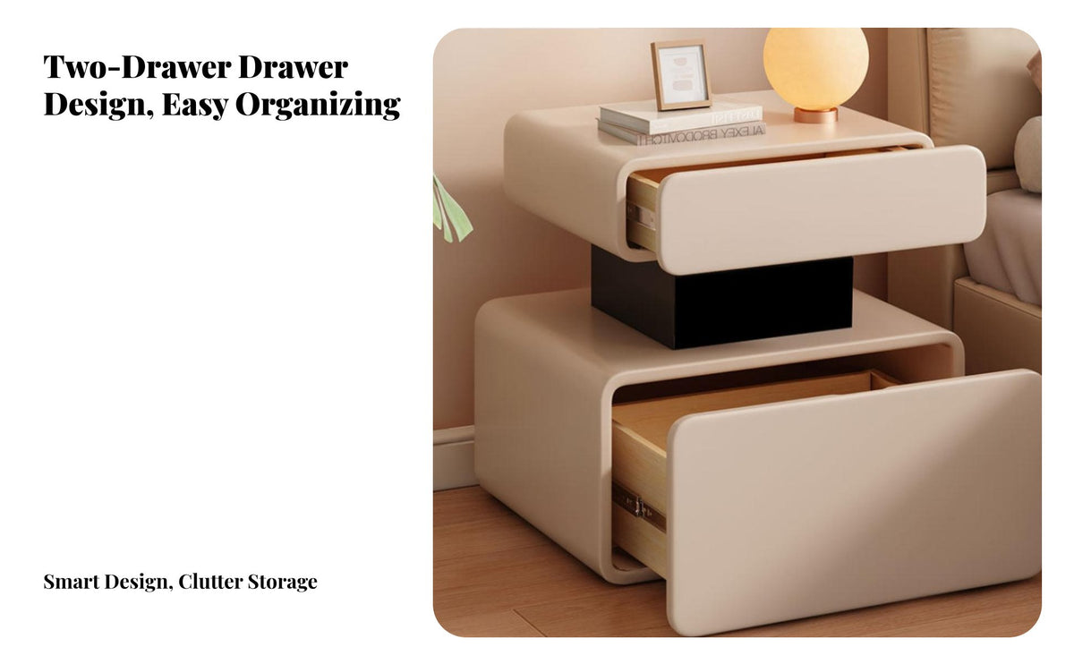 Two-Tier Block Nightstand Rounded Corners Bedside Table Quiet-Close Drawers