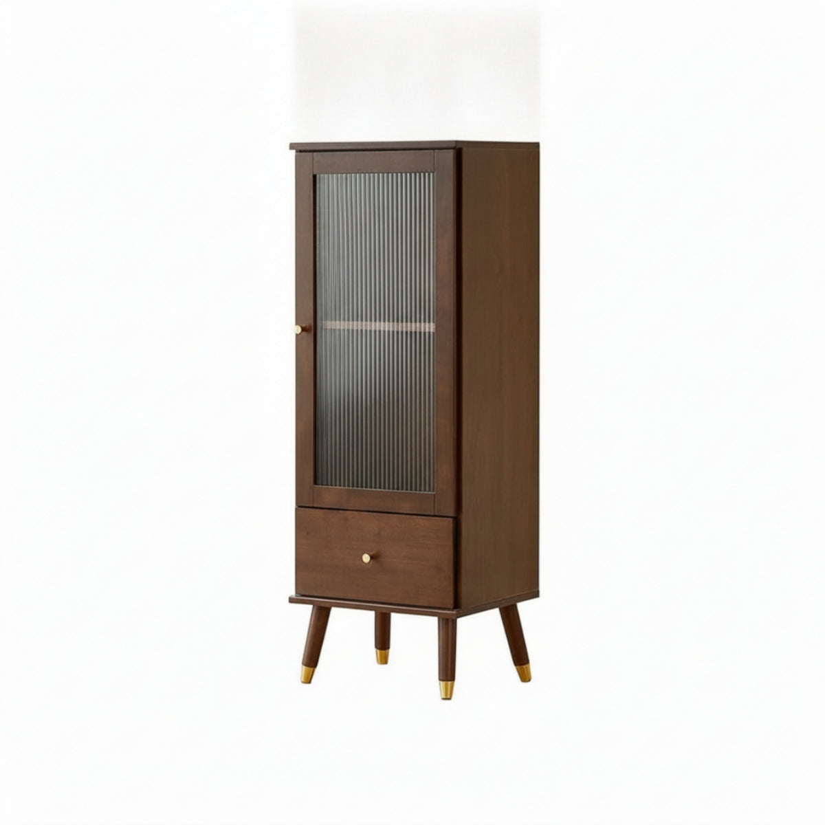 Display Cabinet with Drawer Walnut-Toned Glass-Front Freestanding Cabinet with Glass Doors for Living Room, Apartment