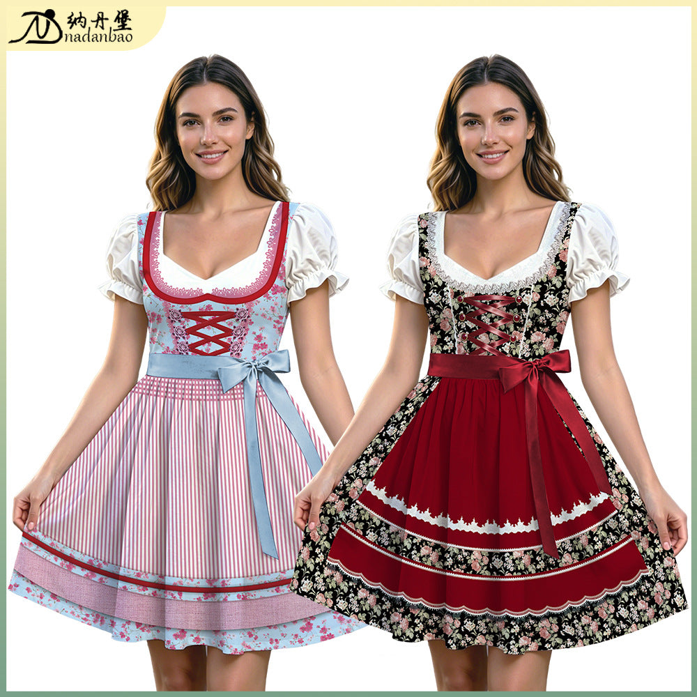 2026 Munich Oktoberfest Dress Floral Puff Sleeve High-Waist Tie-Back Halloween Costume