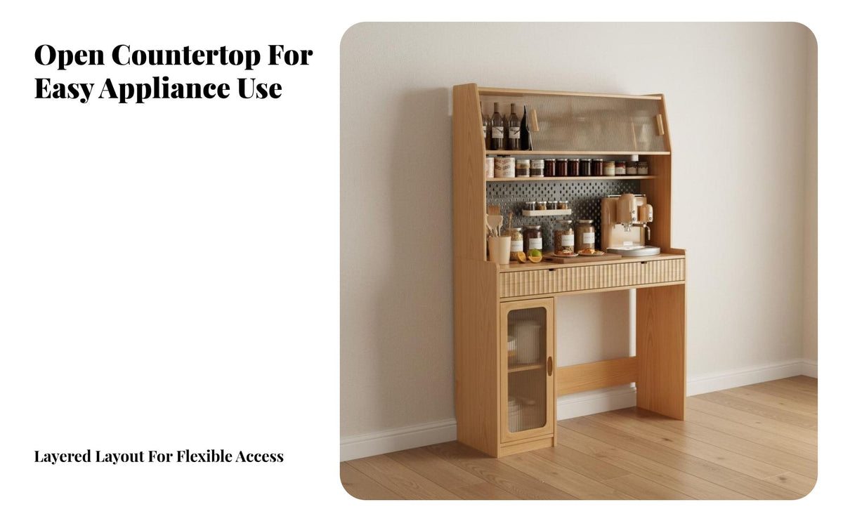 Foldable Design Sideboard with Folding Table Solid Wood Convertible Dining Table Cabinet Multifunctional Space Saving Dining Cabinet Anti-Collision Rounded Corners for Small Families, Apartment Dwellers, Homeowners, Living Room, Kitchen, Home Office