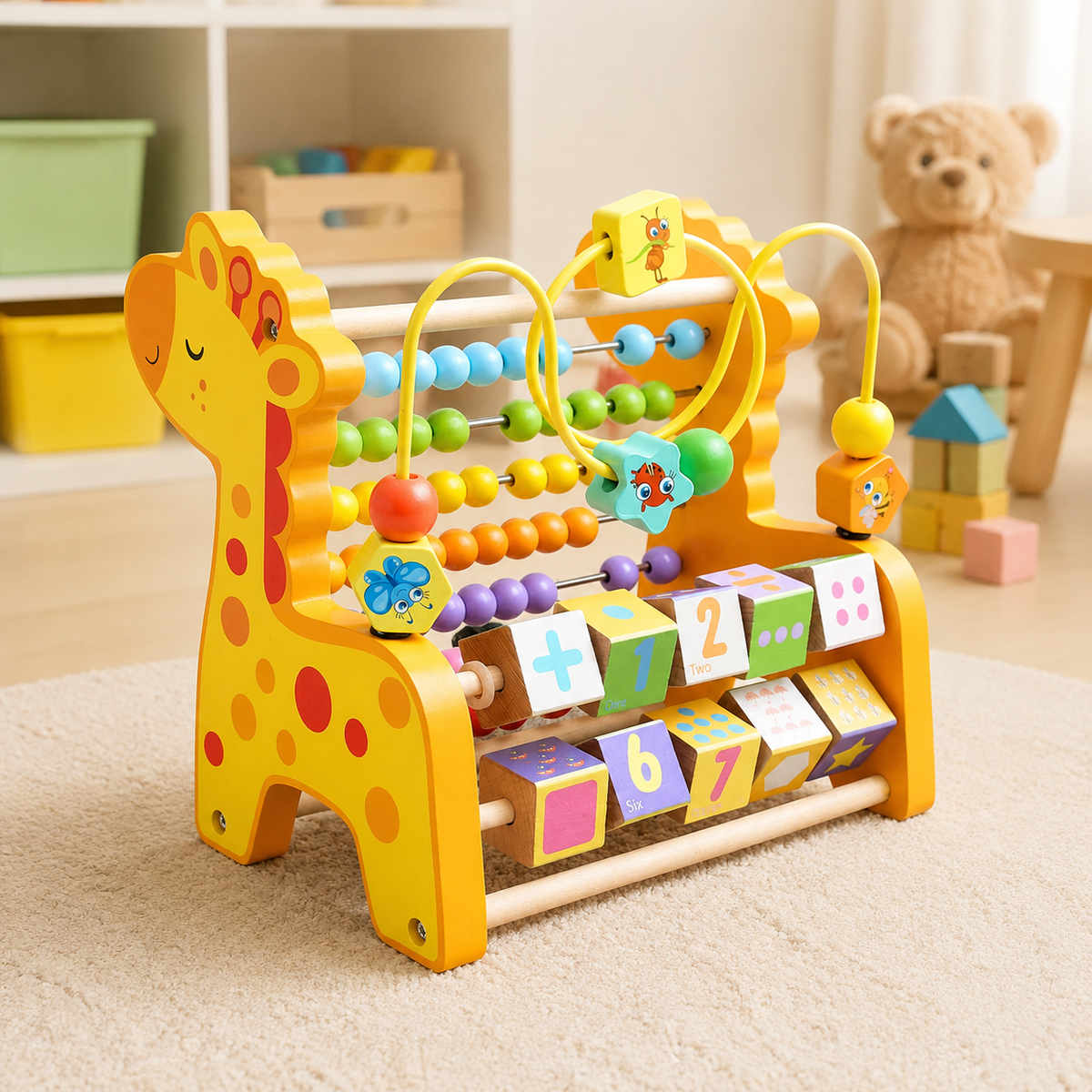Motor Skill Cube Busy Board for Ages 1+, Activity Cube Wooden Material 22x18x22cm, Bead Maze, Abacus, Animals, Educational for Kids' Room