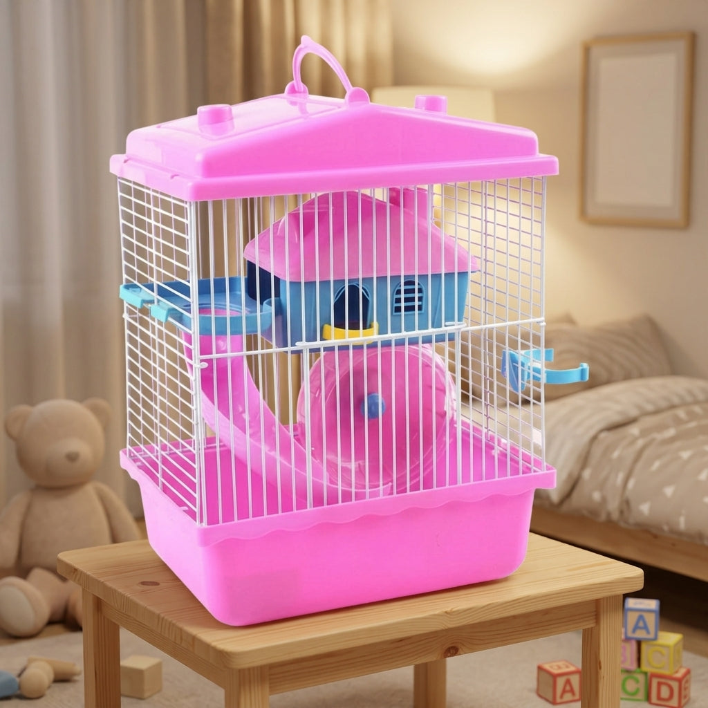 Hamster Cage Habitat for Dwarf Hamster, Single-Level Rectangular Enclosure with Handle and Exercise Tube, Indoor Use All Seasons