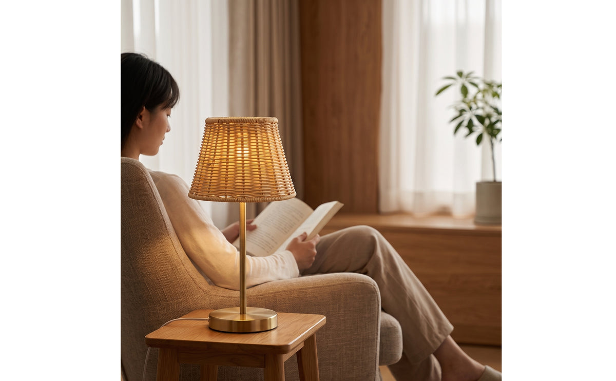 Woven Table Lamp Cordless Wicker Table Lamp Portable Lantern for Patio, Balcony, Garden