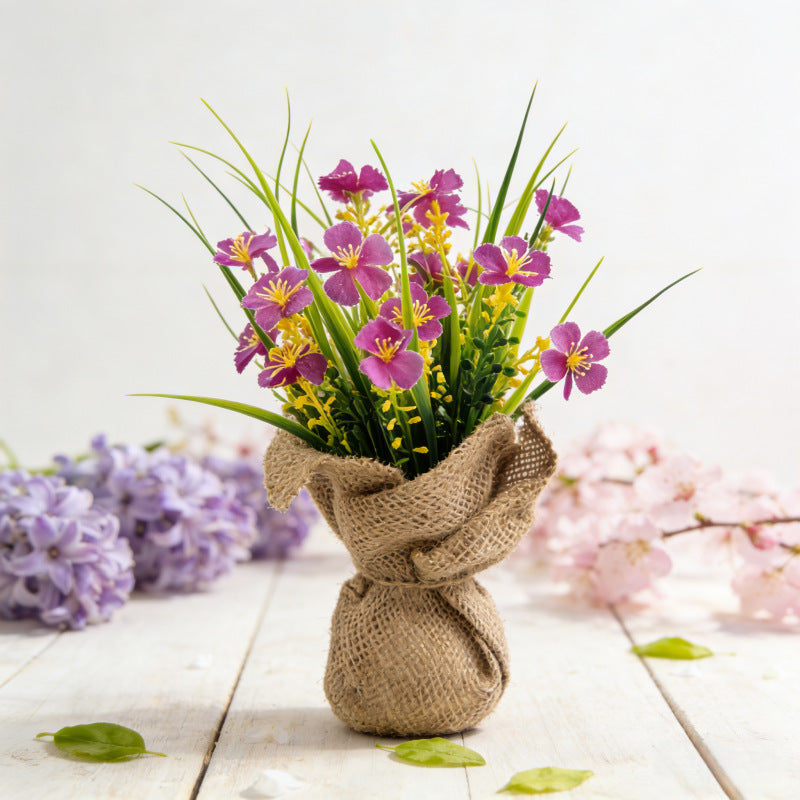 Artificial Begonia Potted Plant with Burlap Wrap