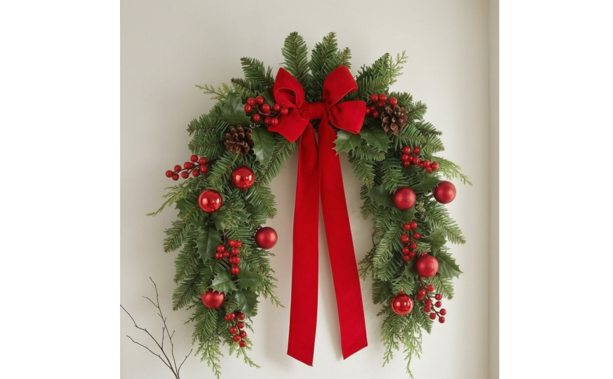 Christmas Wreath Festive Christmas Wreath with Bow Pre-Decorated Decorations for Homeowners, Decorators, Front Door, Wall, Window