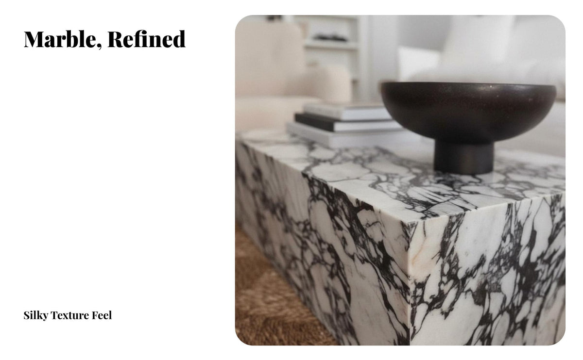 Minimalist Design Faux Marble Coffee Table Glossy Finish Marble-Patterned Block Table Sturdy Construction Living Room Furniture Easy to Clean for Homeowners, Apartment Dwellers, Design-Conscious Adults, Home Decoration, Lounge Area, Reception Hall