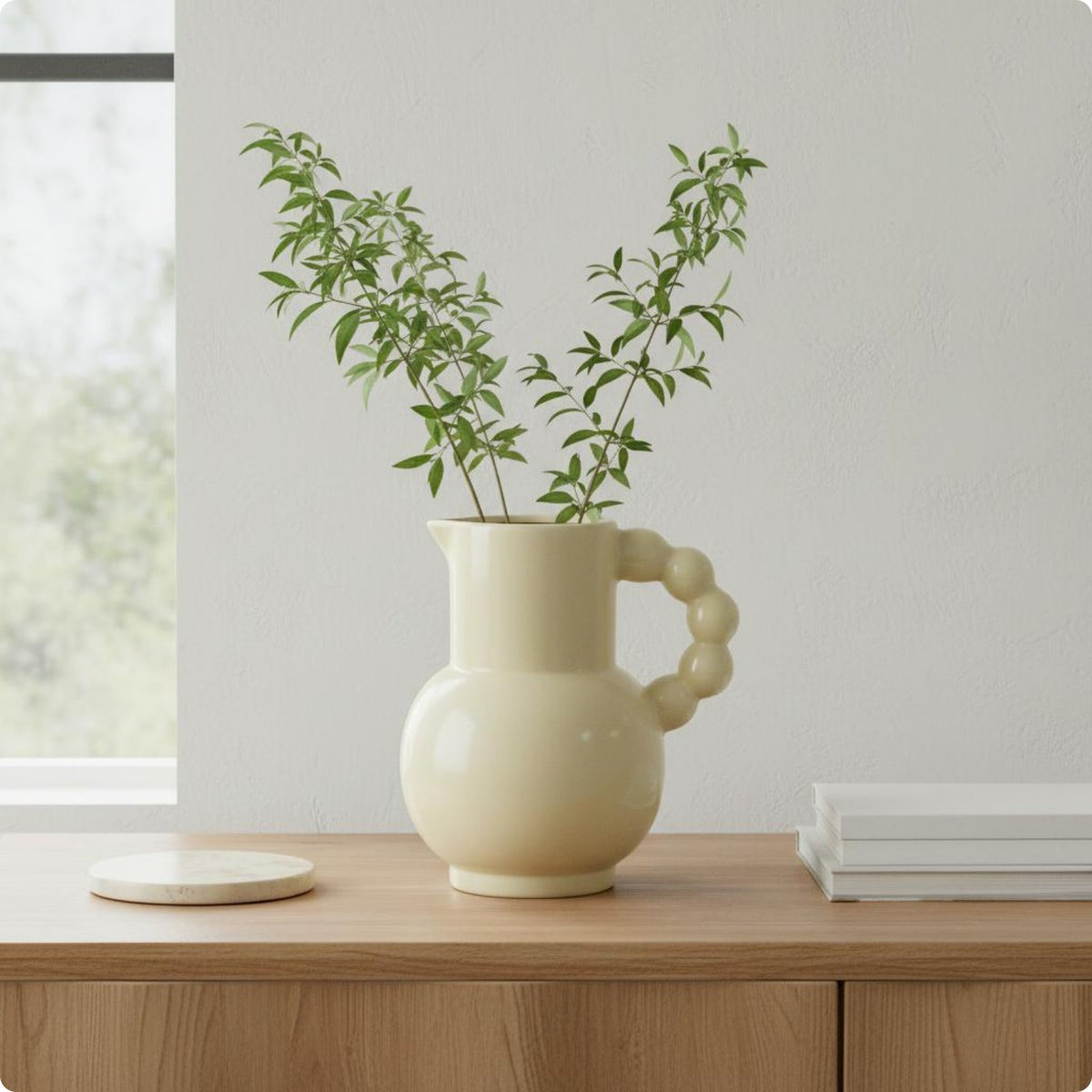 White Ceramic Pitcher Vase Wabi-Sabi Aesthetic Decorative Flower Vase Minimalist