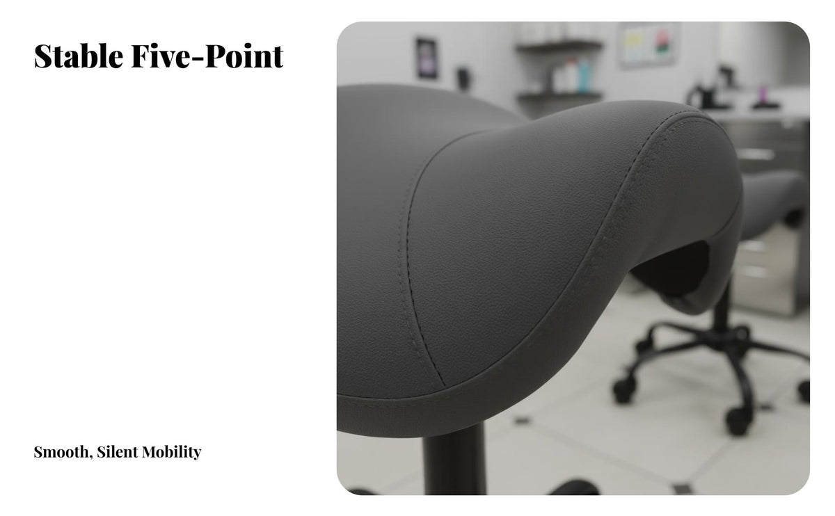 PU Leather Upholstery Swivel Saddle Stool with Wheels Easy to Clean Saddle Stool with Wheels Thick Padded Seat Professional Seating High-Density Foam for Pet Groomers, Massage Therapists, Salon, Studio, Medical Office, Office