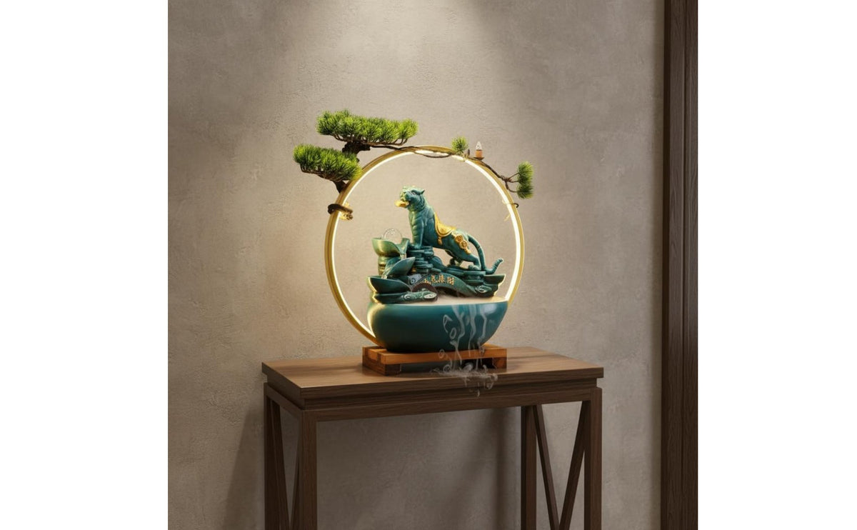 Solid Wood Base Ceramic Feng Shui Ornament Tiger Figurine Water Fountain Crystal Ball Water Feature for Business Owners, Entrance Hall, Desktop, Living Room, Meditation Space