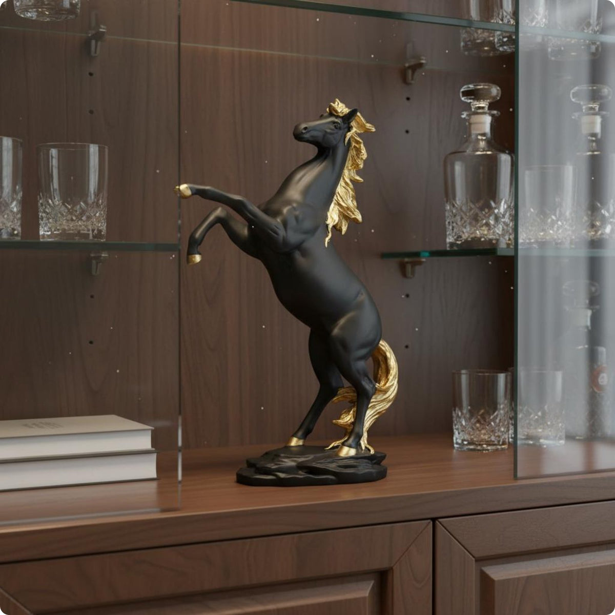 Rearing Horse Figurine Golden-Hued Accents Horse Resin Figurine Textured Base