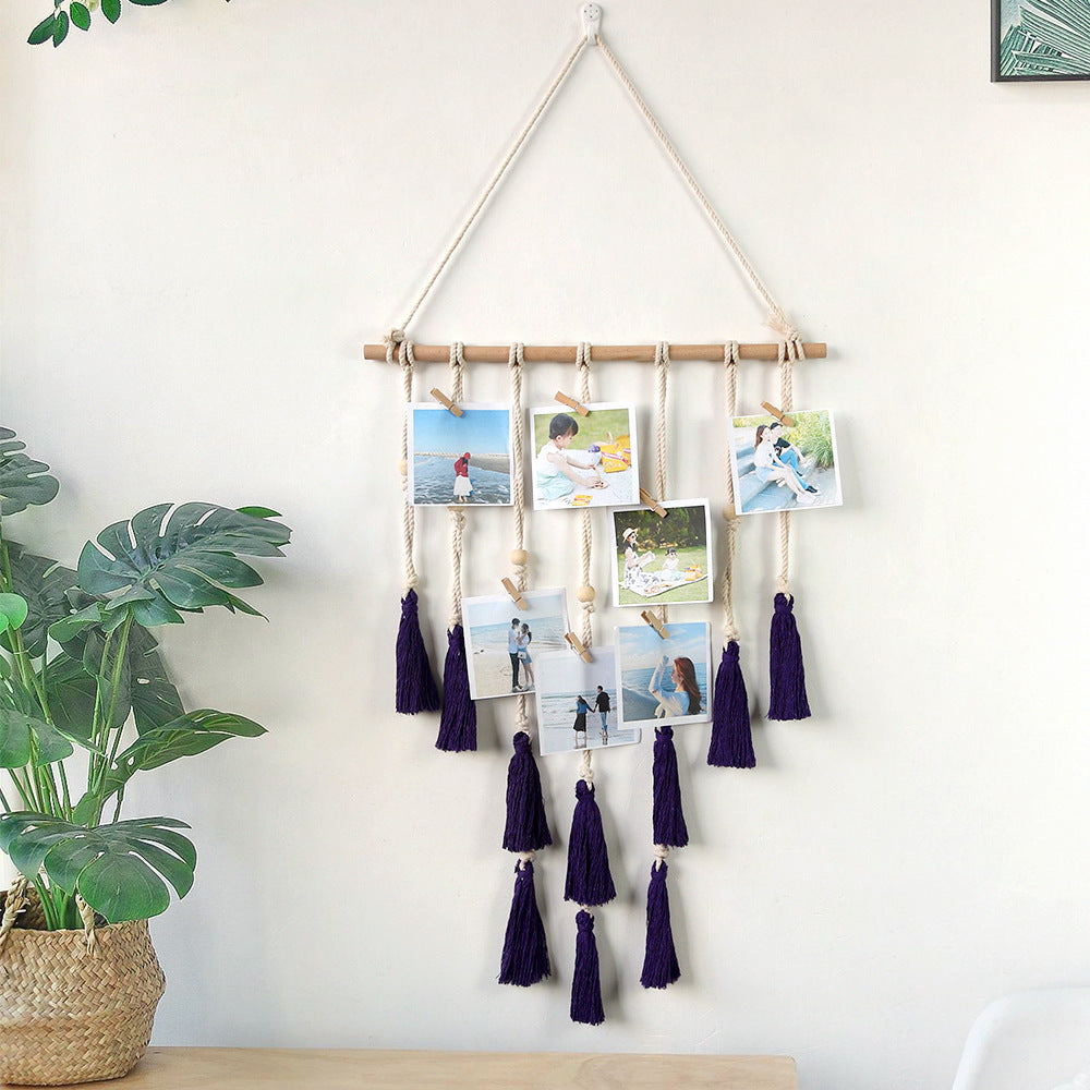 Woven Cotton Rope Wooden Stick Photo Clip Hanging Wall Tapestry