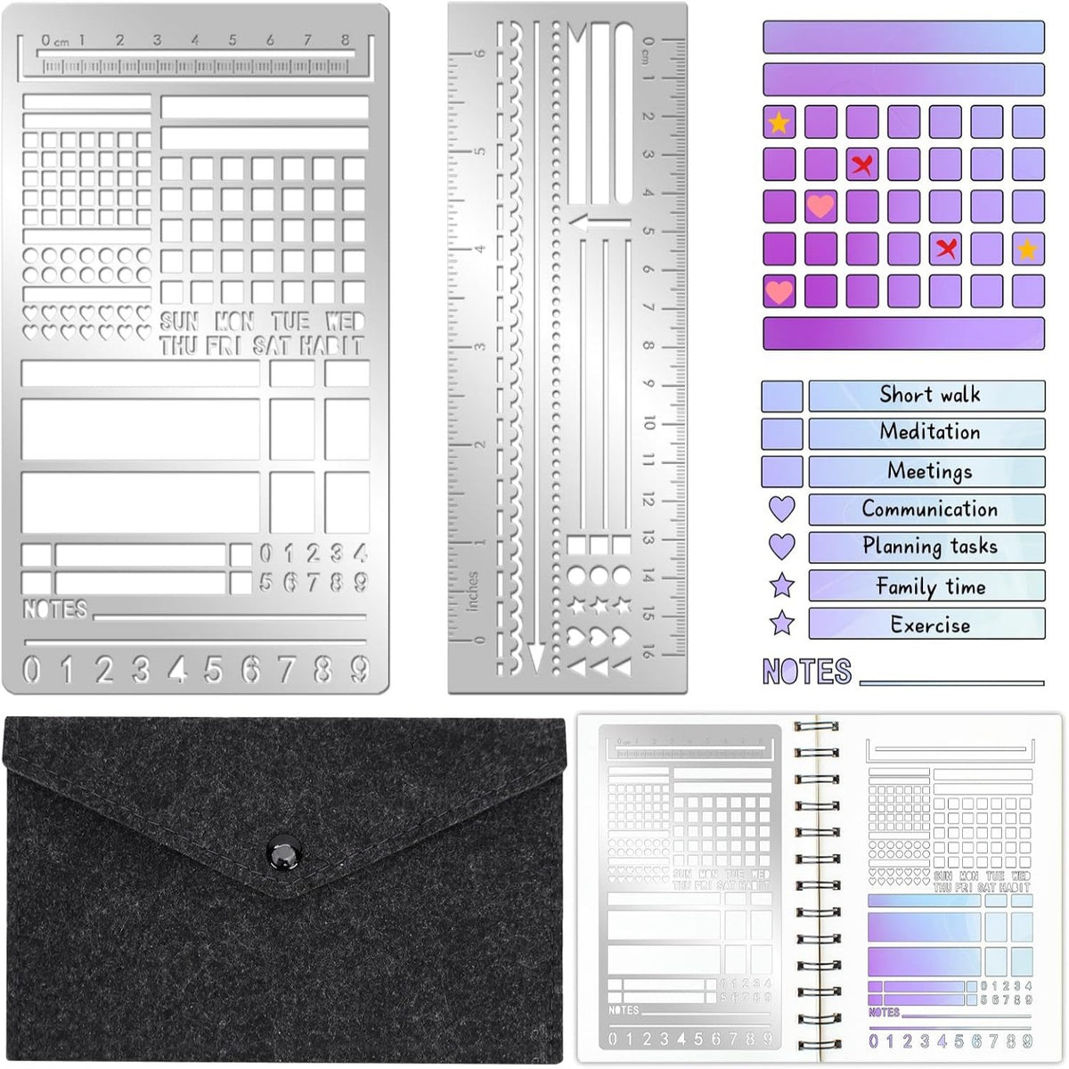 3-Pack Metal Planner Template Bookmarks for Bullet Journaling with Storage Bag