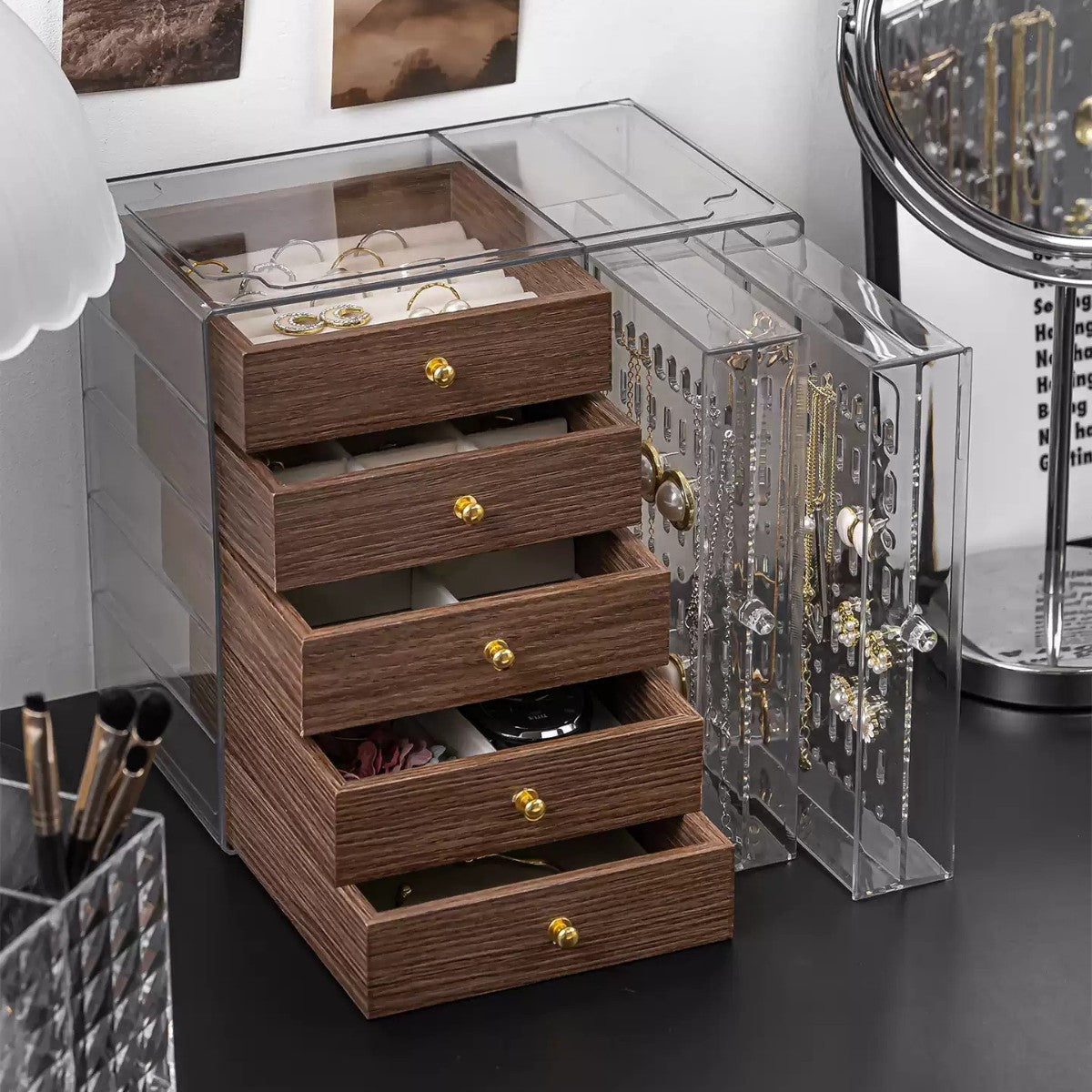 5-Layer Acrylic Jewelry Box with Walnut Wood Grain and Hanging Racks