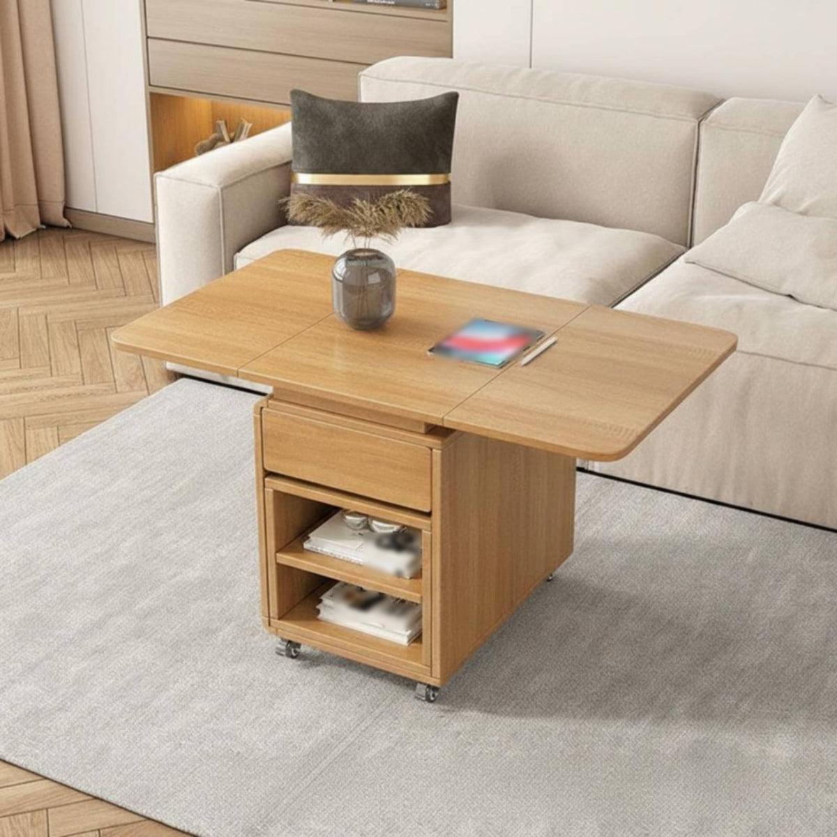 Drop-Panel Storage Cart Multi-Functional Living Room Furniture on Wheels Easy Adaptation for Renters, Homeowners, Home Office