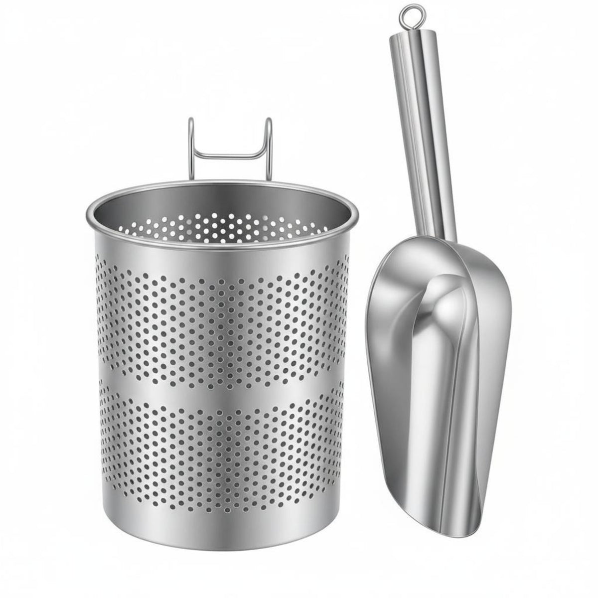 Stainless Steel Ice Scooper for Ice Maker Open Top Drainage Holder Set Kitchen Utility