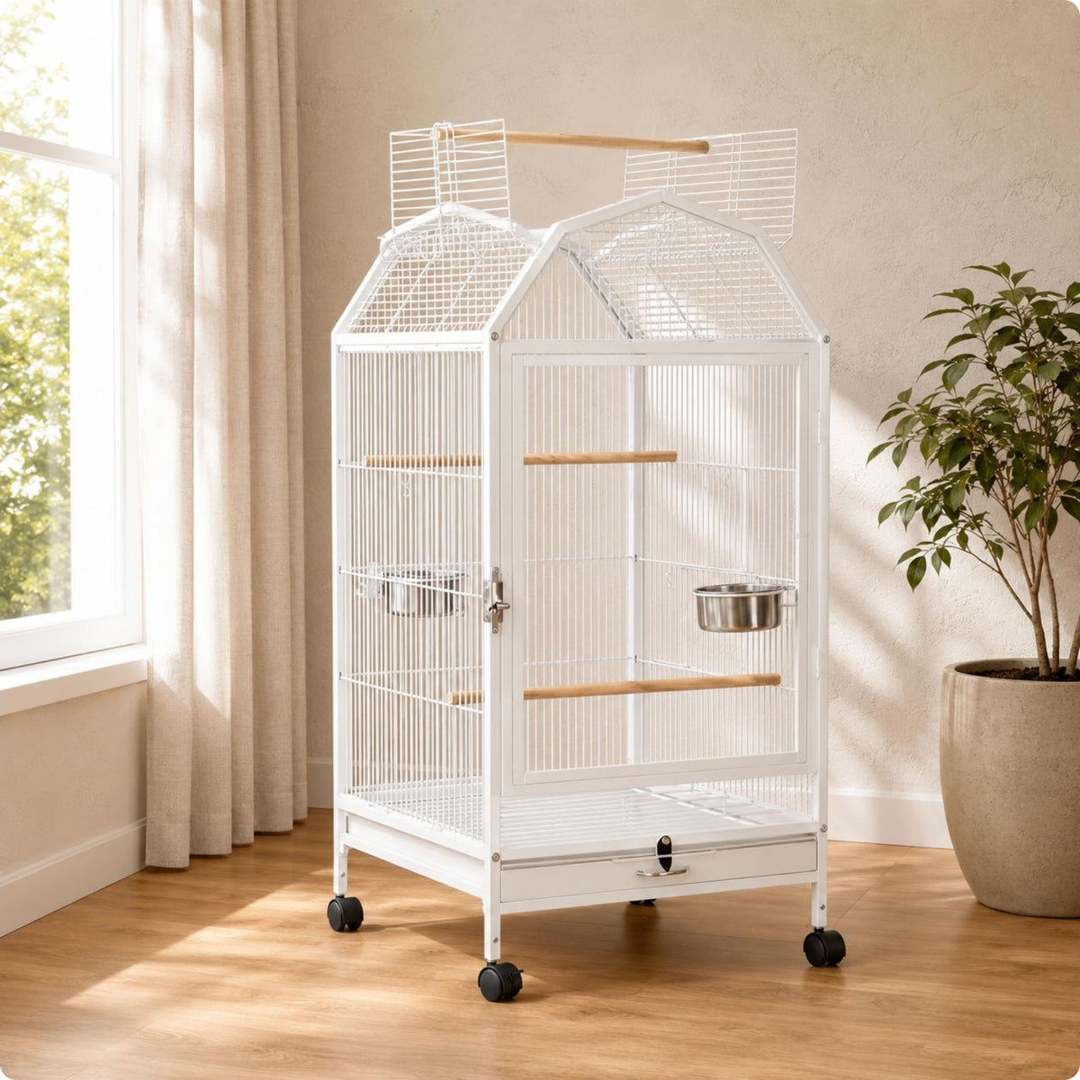 Wheeled Bird Enclosure Caster Wheels Metal Bird Enclosure Peaked Roof for Home