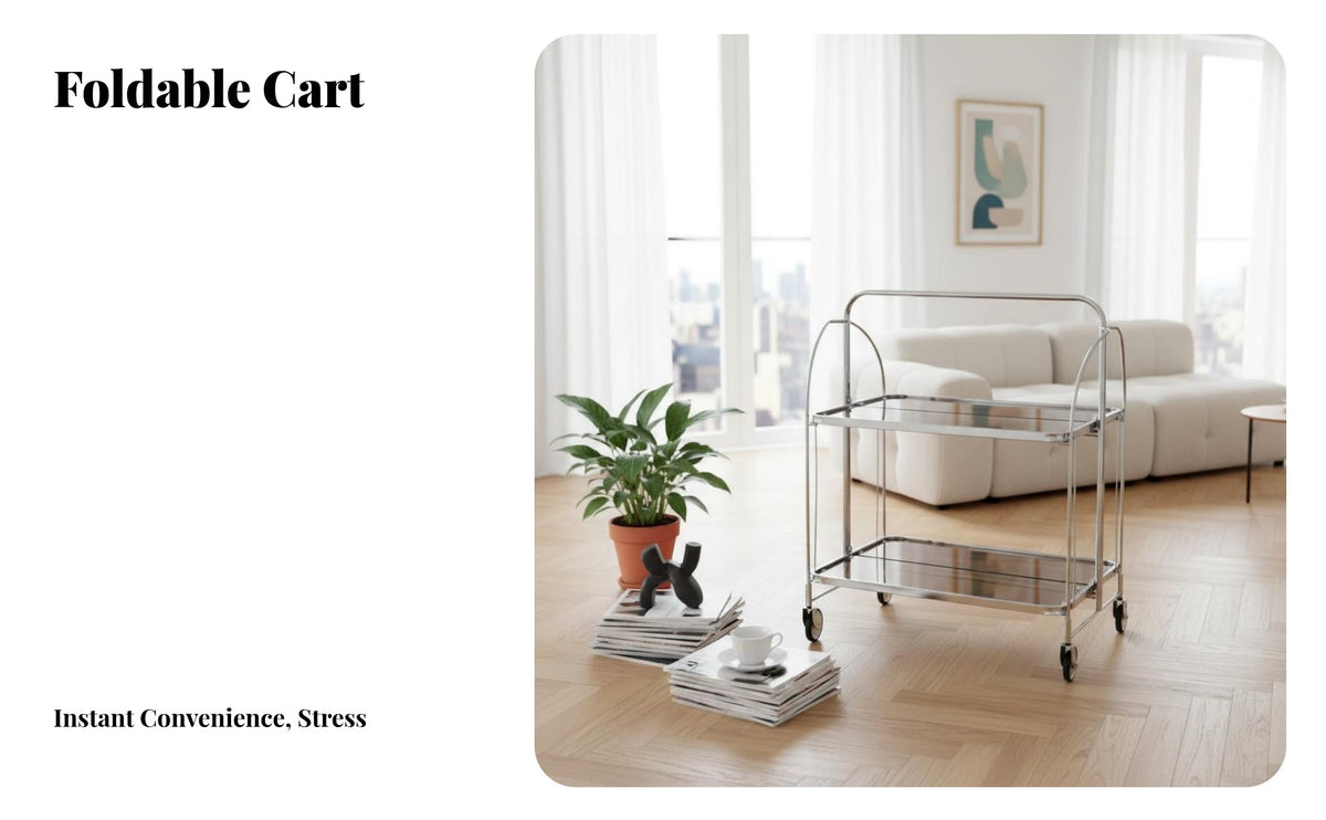 Easy Mobility Foldable Glass Cart Multi-Functional Rolling Serving Cart Versatile Wheeled Beverage Trolley Locking Wheels for Apartment Dwellers, Entertainers, Home Decor Enthusiasts, Living Room, Kitchen, Parties, Bedroom