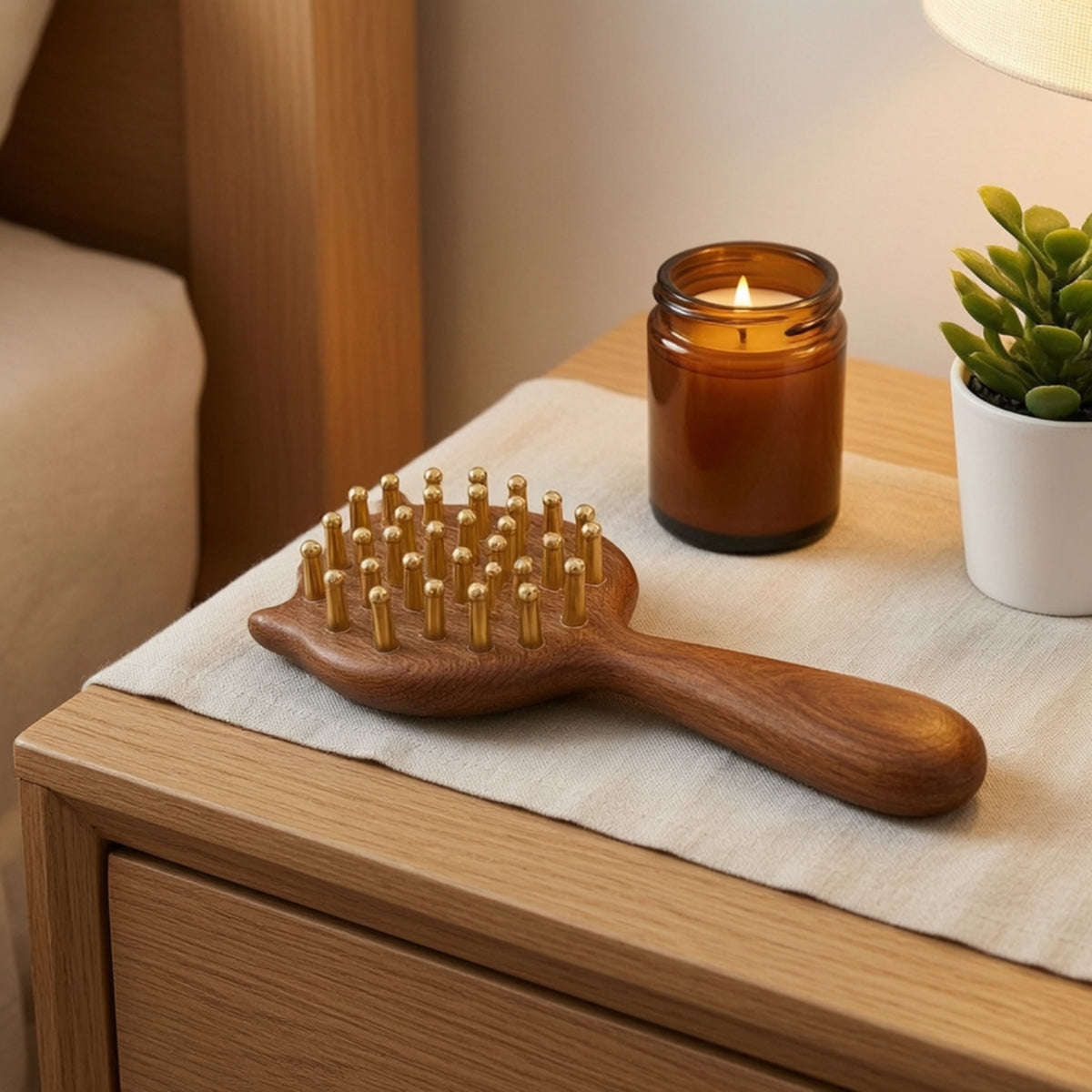 Polished Cat Shaped Massage Comb Ergonomic Wooden Comb with Brass Teeth Rounded Scalp Massager Gentle