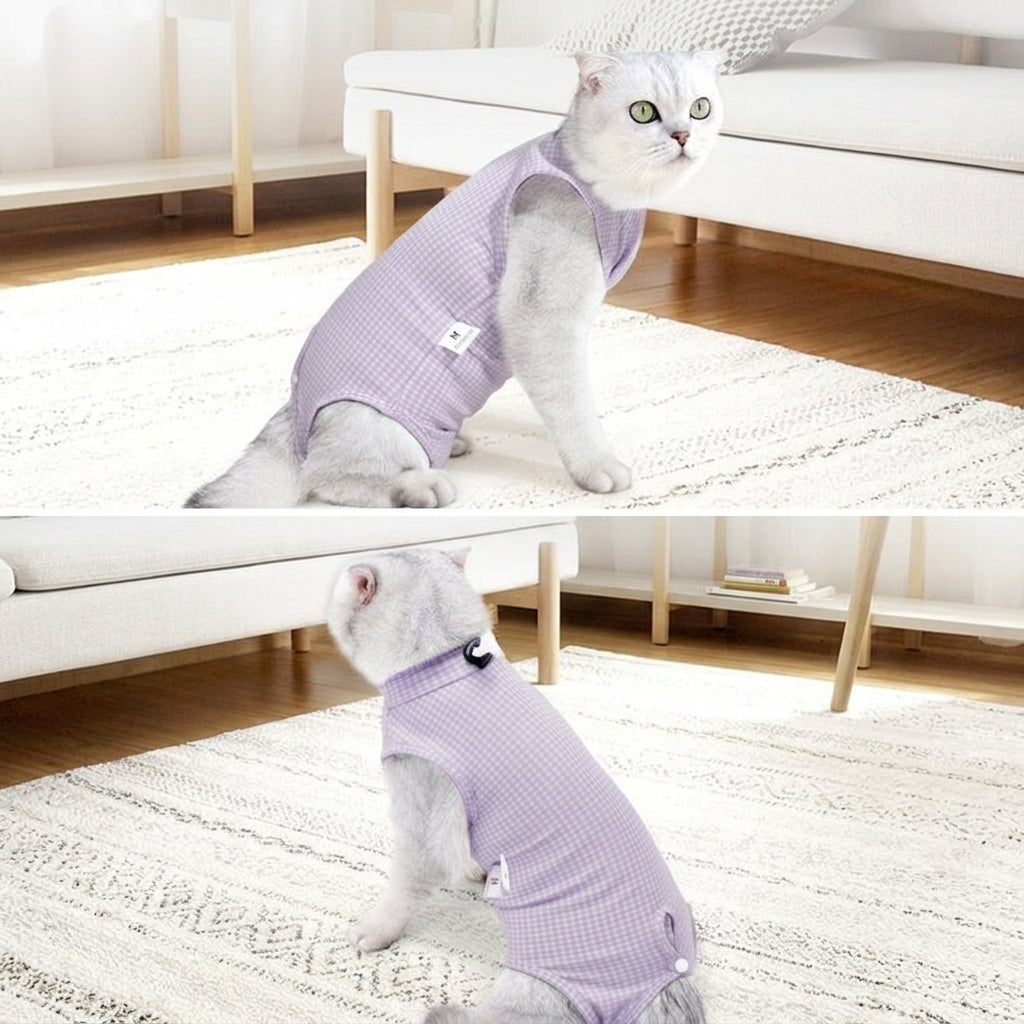Cat Recovery Suit with Fasteners, Short Sleeve Post-Spay Cat Suit, European Style Post-Neuter Cat Suit, Anti-Lick Post-Surgery Cat Suit for Recovery