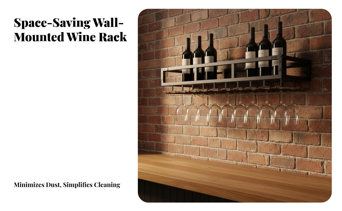 Space Saving Wall Mounted Wine Rack Sturdy Iron Construction Hanging Stemware Rack Large Capacity Metal Wine Glass Holder Safety Guardrail for Homeowners, Home Entertainers, Restaurant Owners, Dining Room, Kitchen