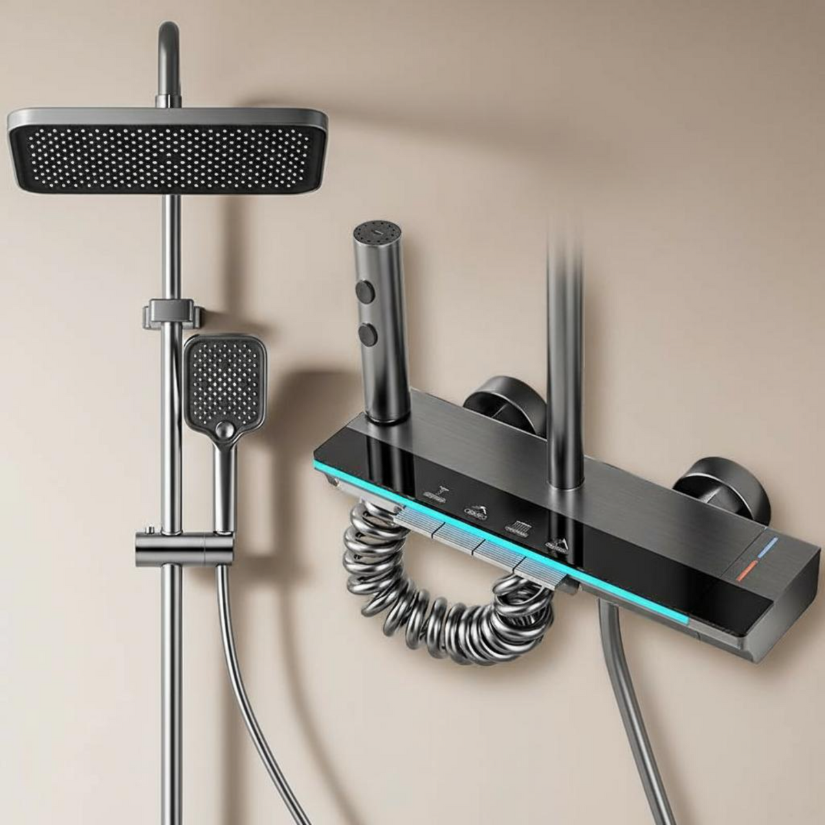 Temperature-Controlled Shower Faucet Set, All-Metal Bathroom System, 3-Mode Valve, 10 cm Rain Shower Head, Handheld Spray Combo, Matte Black