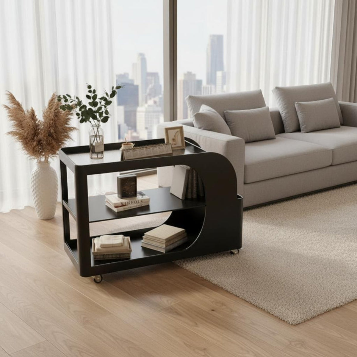 Movable with Wheels Multi-Level Rolling Side Table Mobile Design Multi-Tier Rolling Mobile Unit Space-Saving Household Furniture Reeded Glass Surface for Apartment Dwellers, Homeowners, Office Workers, Living Room, Small Areas, Bedroom, Kitchen