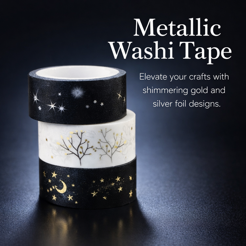 Foil Washi Tape Set for Scrapbooking & Stamping Supplies, Japanese Masking Paper for Crafters, Decorative Stationery, 15mm X 5m