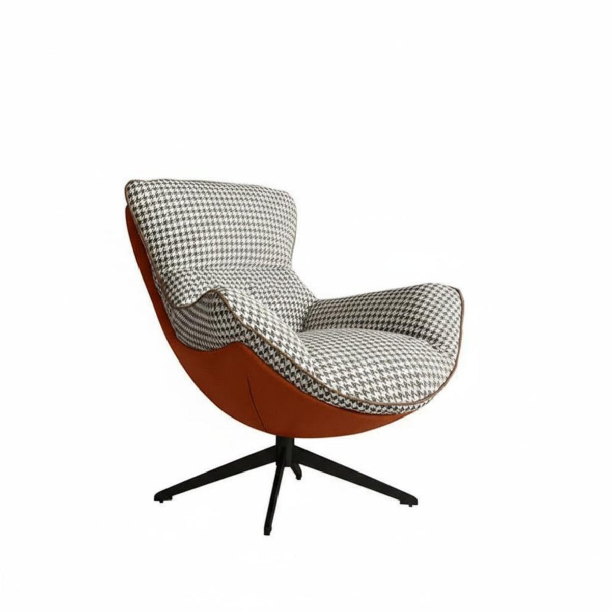 Houndstooth Pattern Swivel Eggshell Chair Nordic Design Upholstered Swivel Barrel Chair Soft Cushion Lounge Seat Curved Backrest for Homeowners, Adults, Interior Decorators, Living Room, Bedroom, Reading Nook, Balcony