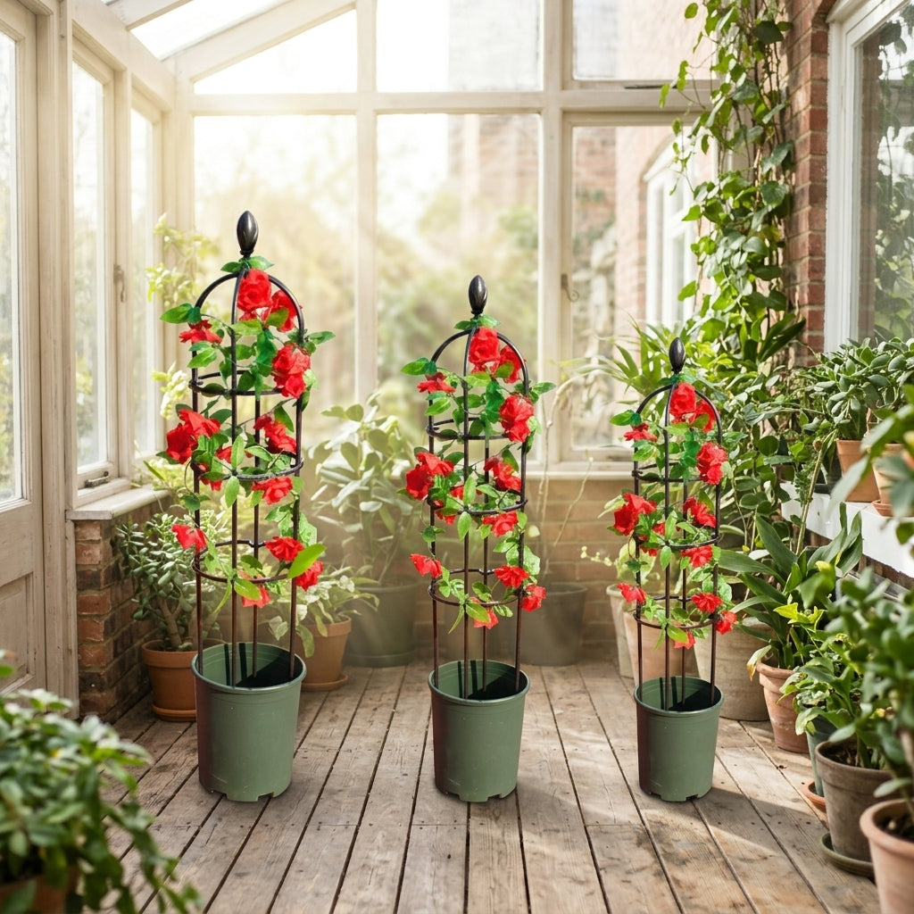 Garden Trellis for Climbing Plants with Heavy Duty Metal Plant Support, Cylindrical Garden Obelisk with 3 Rings, Clematis Support Decoration