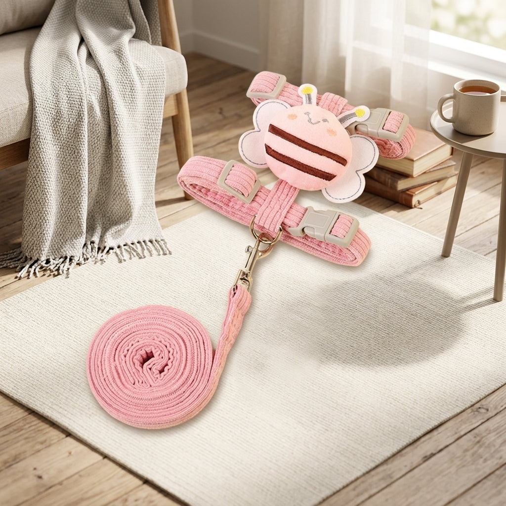 1.2m Bee Harness and Leash Set - Pink Feline Harness, Cat Leash, Soft Cloth H-Shaped Harness for Small Cats, Cute Cartoon Pets Walking Set