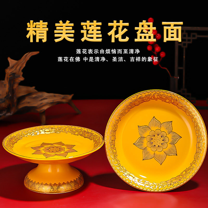 Ceramic Fruit Offering Plate with Lotus Design