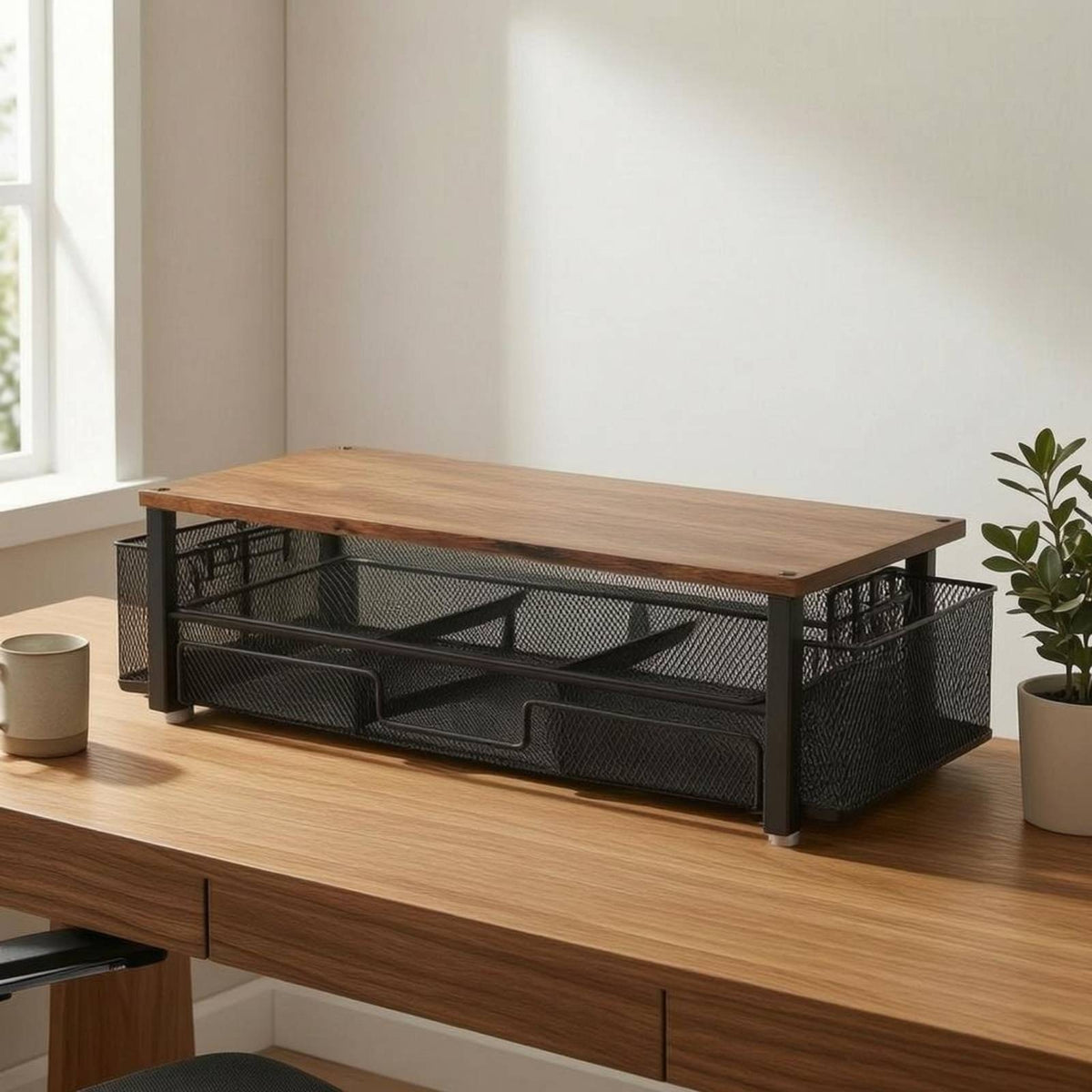 Display Stand with Storage Mesh Desk Shelf Cable Management Office Desk Organizer for Study Table