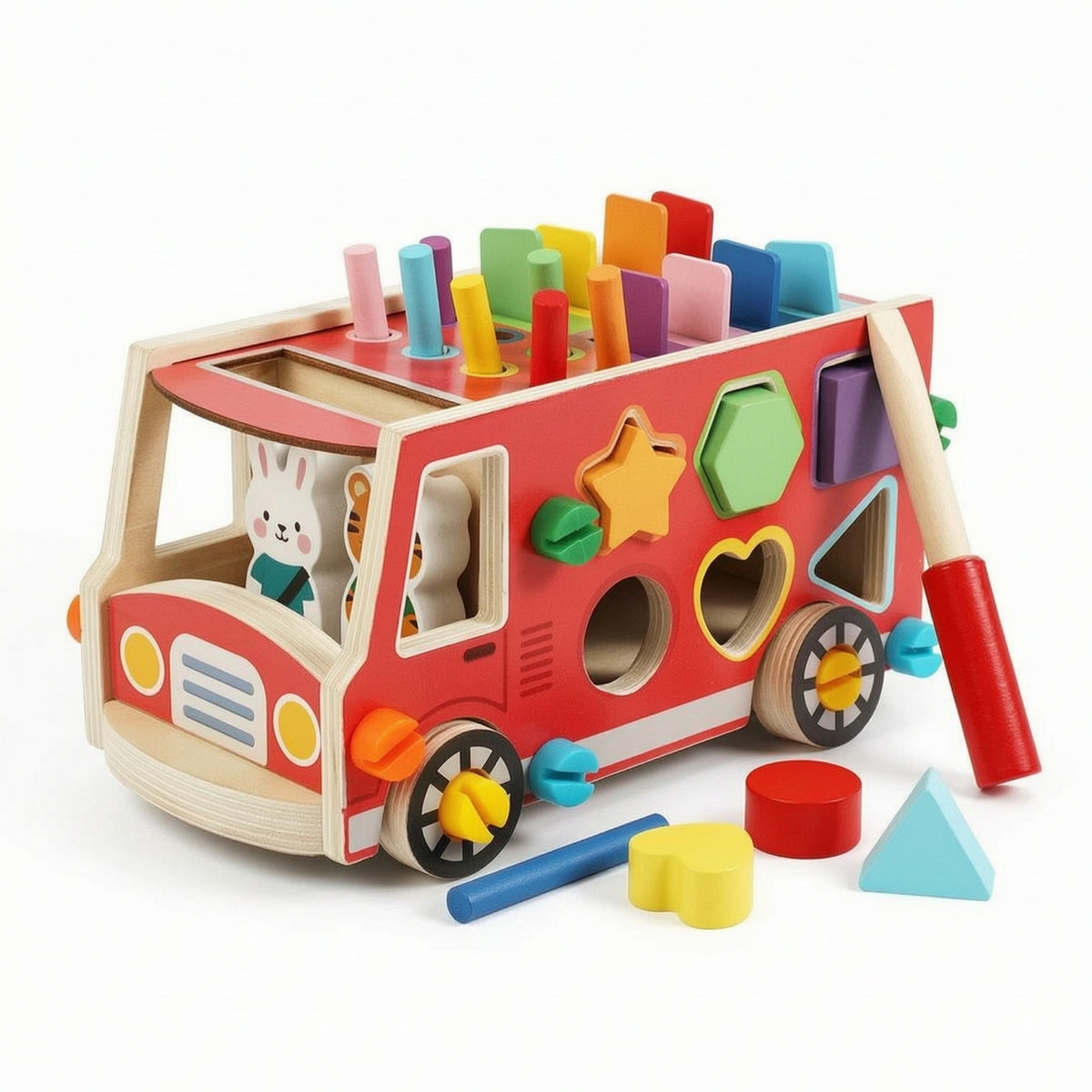 Multifunctional Wooden Bus Toy Educational Hammer and Peg Toy Sturdy Developmental for Preschoolers