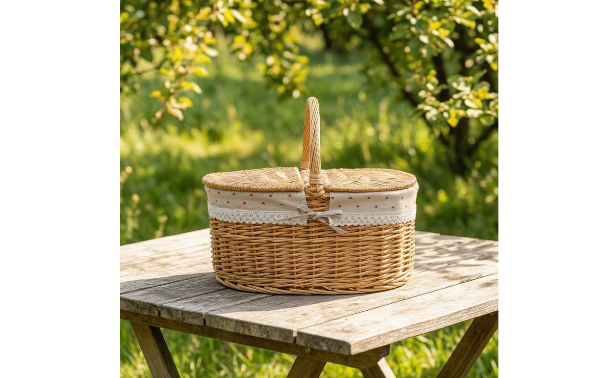 Oval Picnic Basket with Lid Wicker Woven Basket with Lining Lined Handwoven for Storage, Decor