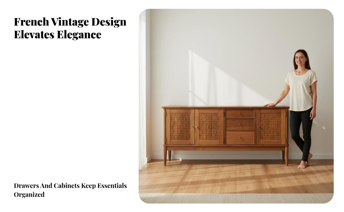 Teak Wood Storage Cabinet Multi-Functional Retro Design Sideboard Elegant Design Wooden Buffet Cabinet for Homeowners, Adults, Hallway, Bedroom