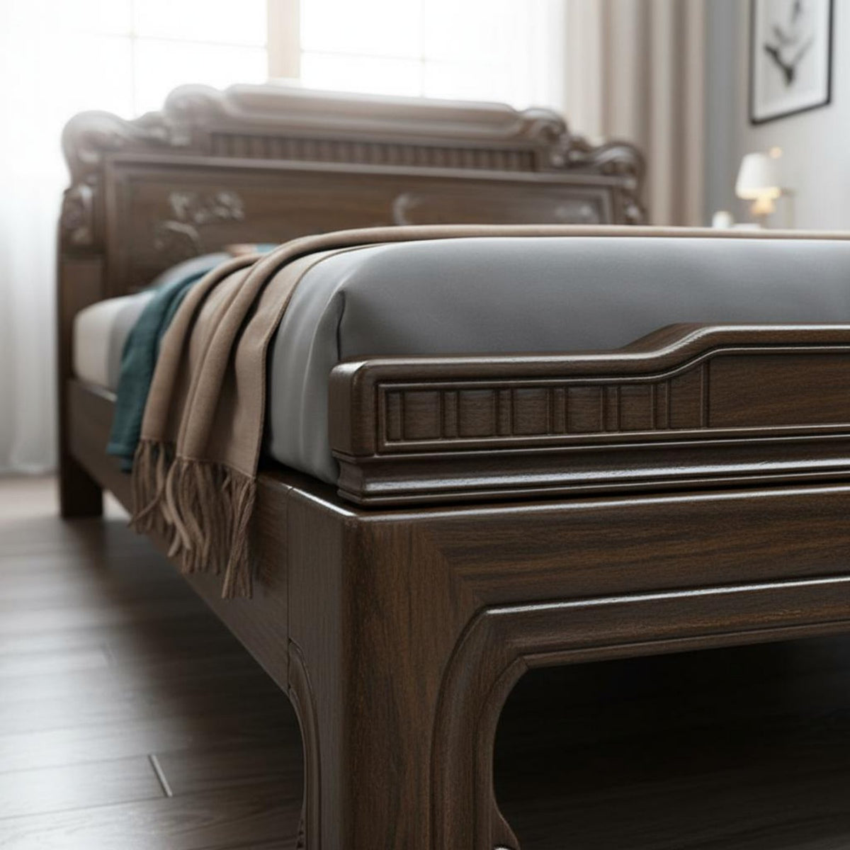 Classical Chinese Style Bed Mortise and Tenon Joinery Rosewood Foundation Bed Thickened Frame for Couples
