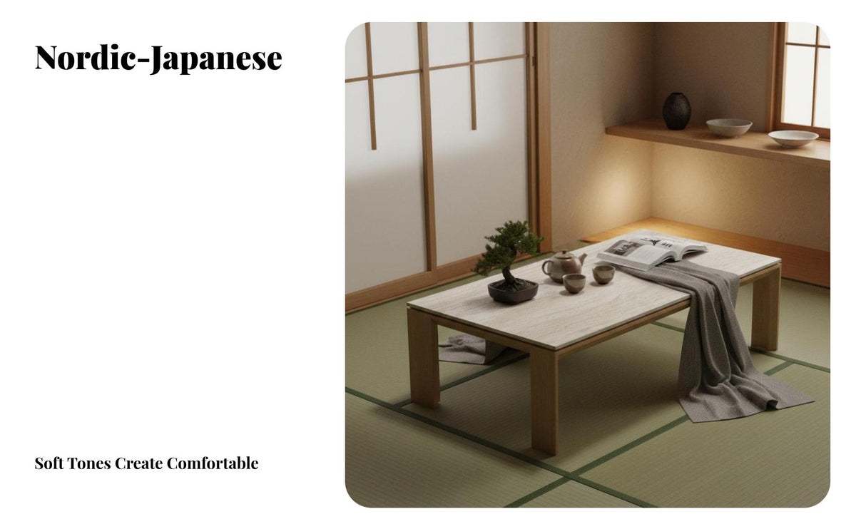 Nordic Japanese design Slatted Coffee Table with Stone Top Small Apartment suitable Fluted Base Table Minimalist Design Living Room Furniture Natural Texture for Homeowners, Families, Lounge Area, Office, Bedroom, Sunroom