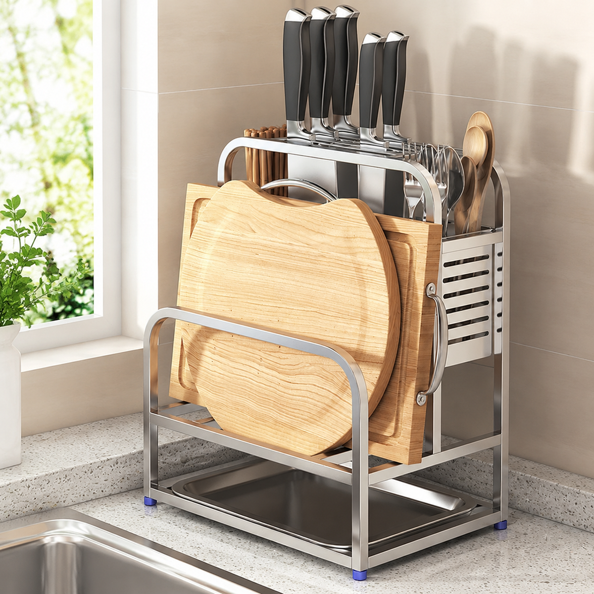 Utensil Holder, 304 Stainless Steel Knife Block with Drip Tray, Freestanding Kitchen Organiser for Knives, Chopping Boards, Pot Lids & Chopsticks