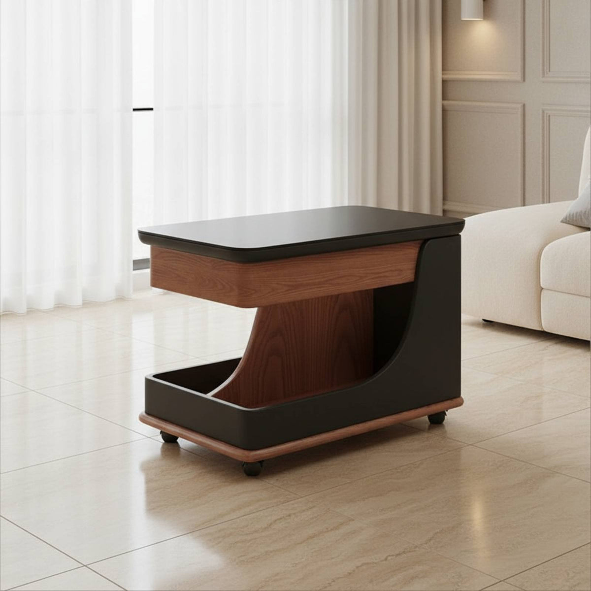 Rolling C-Shaped Table Minimalist aesthetic Rolling C-Shaped Stand Multi-Functional Bottom Storage Shelf for Seniors, Homeowners