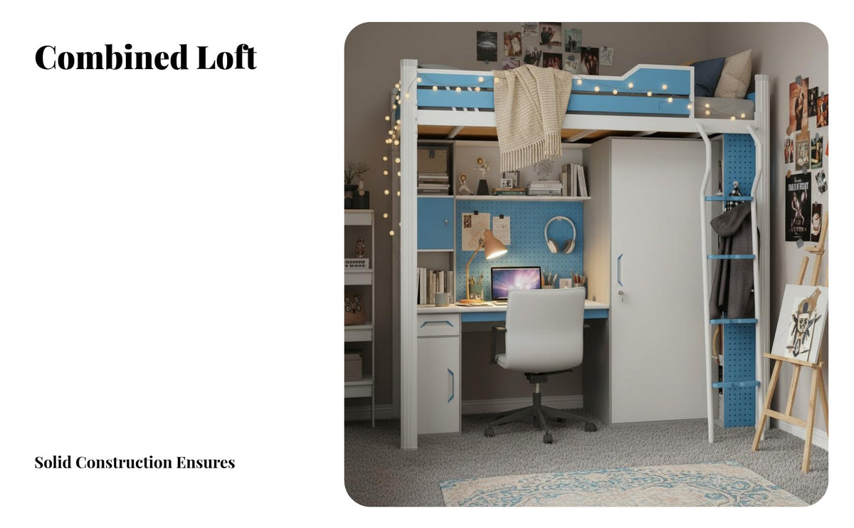 Student Dorm Workstation Bed Space-Saving Complete Dorm Bed Guardrails Metal High Er with Workstation for Students, Adults, Small Areas