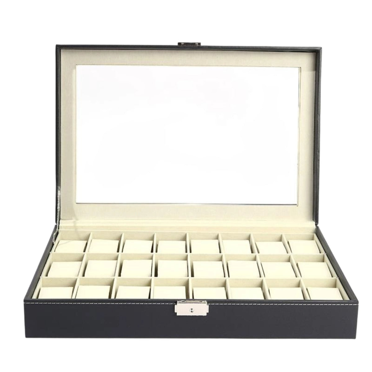 24 Compartment Watch Box Clean-Keeping-Resistant Watch Display Case with Glass Top Removable Pillows Water-Resistant for Men